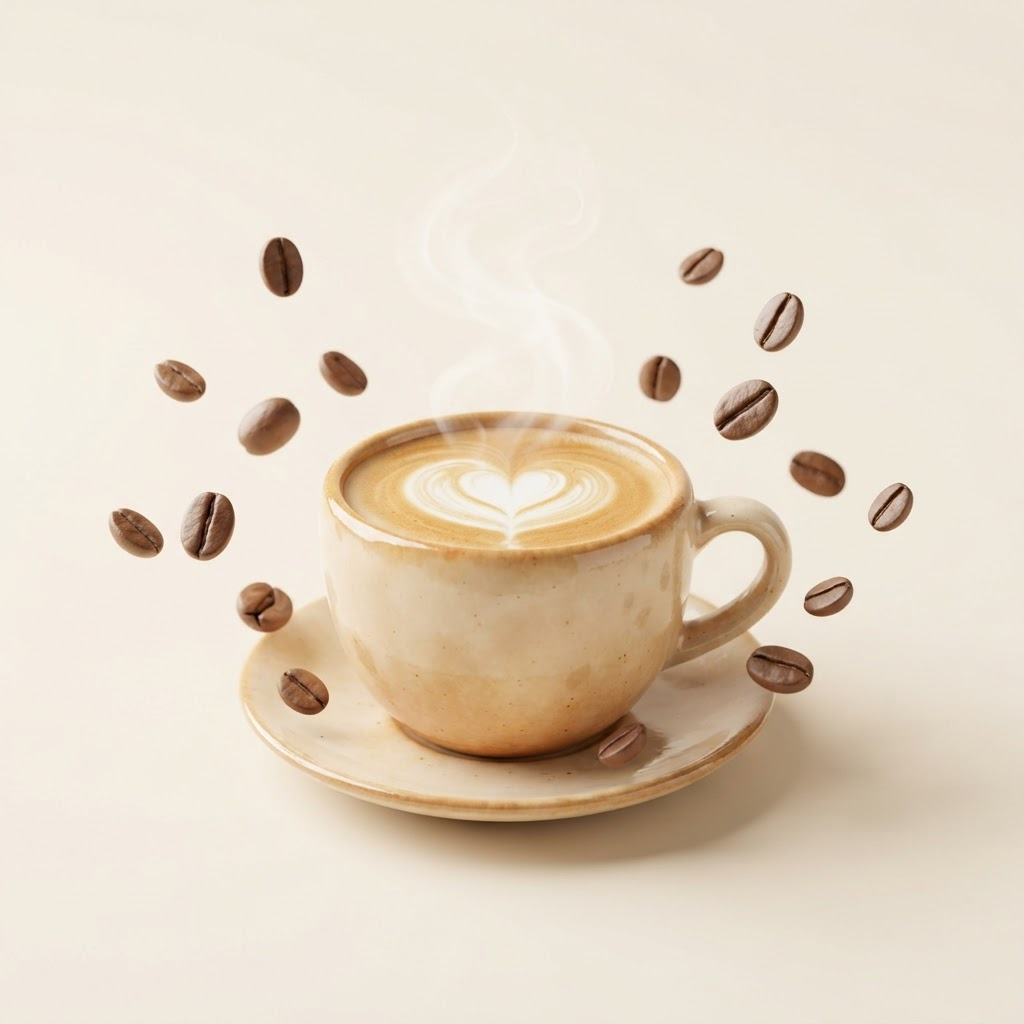 Buy Me a Coffee — A warm cup of latte art coffee with floating coffee beans representing creator support